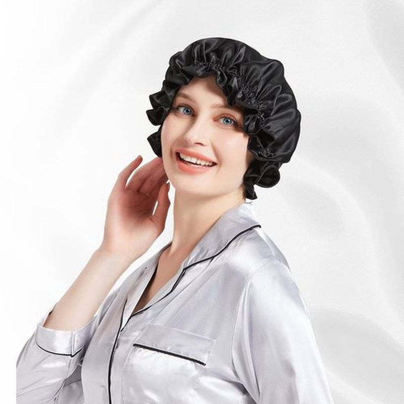 Silk Bonnet for Hair Care, Natural Silk Cap for Sleeping and Shower, Double-Lined, 6A-grade Mulberry Silk Turban Black