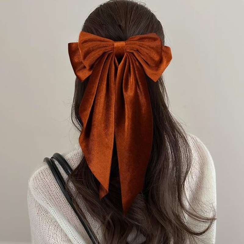 2pc Burnt Orange Velvet Ribbon Hair Bows for Women Girls Oversized Bow-knot French Barrette Hair Clips with Long Tail Hair Clamp Fall Winter Early Spring Hair Styling Accessories