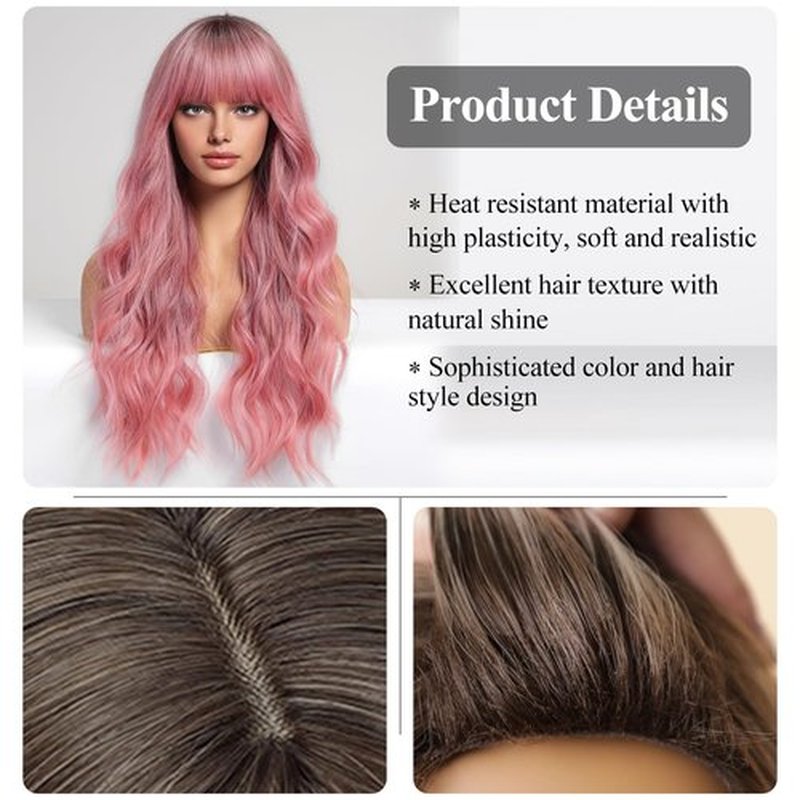 KOME Ombre Pink Wavy Wigs for Women,Long Wavy Wig with Bangs,Curly Natural Looking Synthetic Heat Resistant Fiber Wig for Party Cosplay Daily Use 26IN…