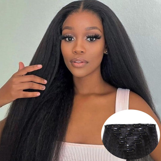 Yargel Hair 22 Inch 2 Pack Kinky Straight Clip in Hair Extensions for Black Women Yaki Straight Clip ins Full Head Seamless Synthetic Hair Pieces(14 Pcs/Set 32 Clips)