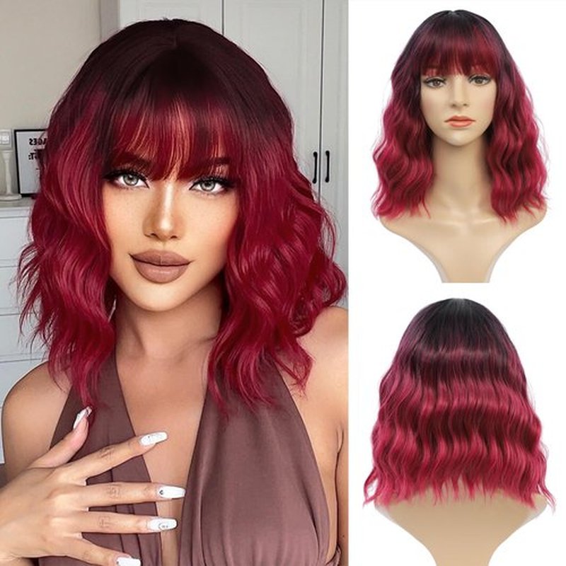 FimTim Short Wavy Bob Wig with Bangs for Women - Red Synthetic Wig for Daily Use