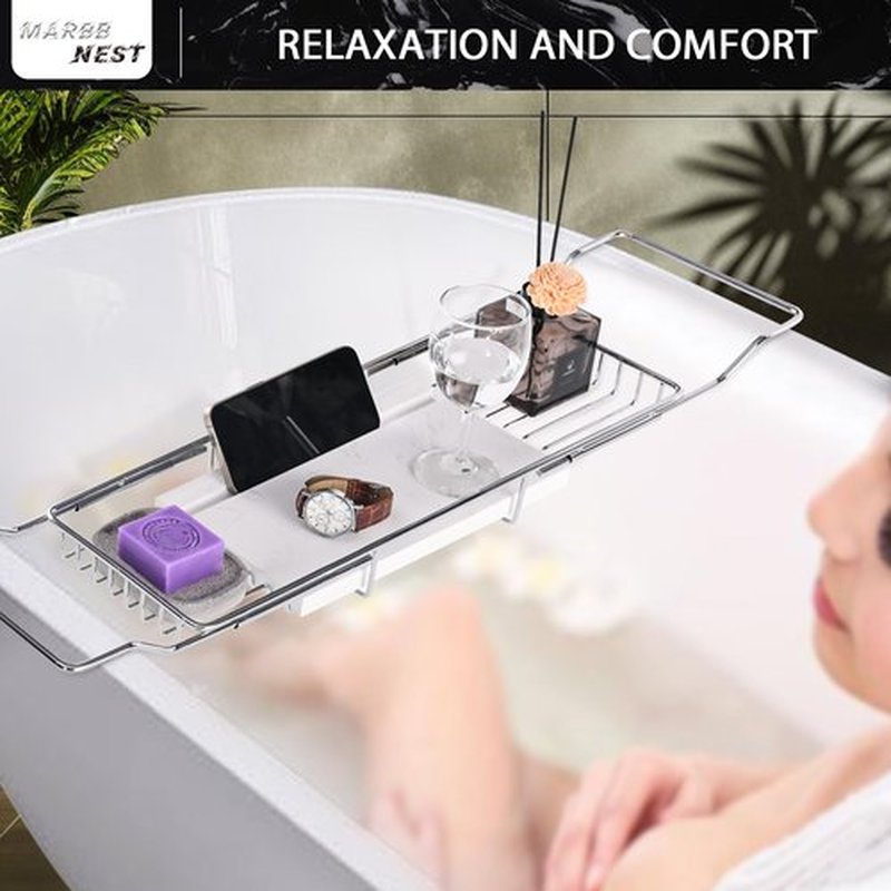 MARBBNEST Bathtub Tray Caddy for Luxury Bath Expandable Extra Wide Bath Tub Tray with Natural Marble Tray and Mobile/Tablet Stand, Ideal for Home Spa Lovers (Chrome + White)