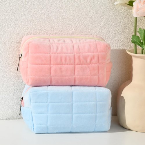 SOIDRAM 2 Pieces Makeup Bag Cute Cosmetic Bag Plush Pink Blue Checkered Makeup Pouch Coquette Travel Toiletry Bag Organizer Fluffy Makeup Brushes Puffy Storage Bag for Women