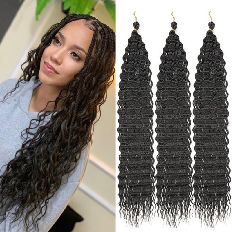 ZRQ 24 Inch Ocean Wave Crochet Hair 3Packs Natural Black Deep Wave Curly Wavy Crochet Braiding Hair Synthetic Braids Hair Extension For Black Women #1B