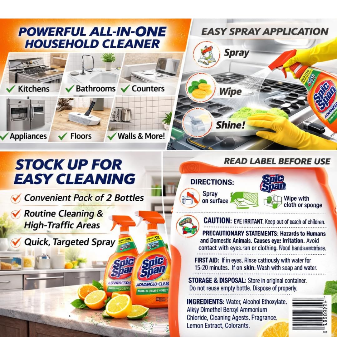 Spic & Span Advanced Clean Multi-Purpose Cleaner Spray, Fresh Citrus Scent, 32 fl oz (Pack of 2)