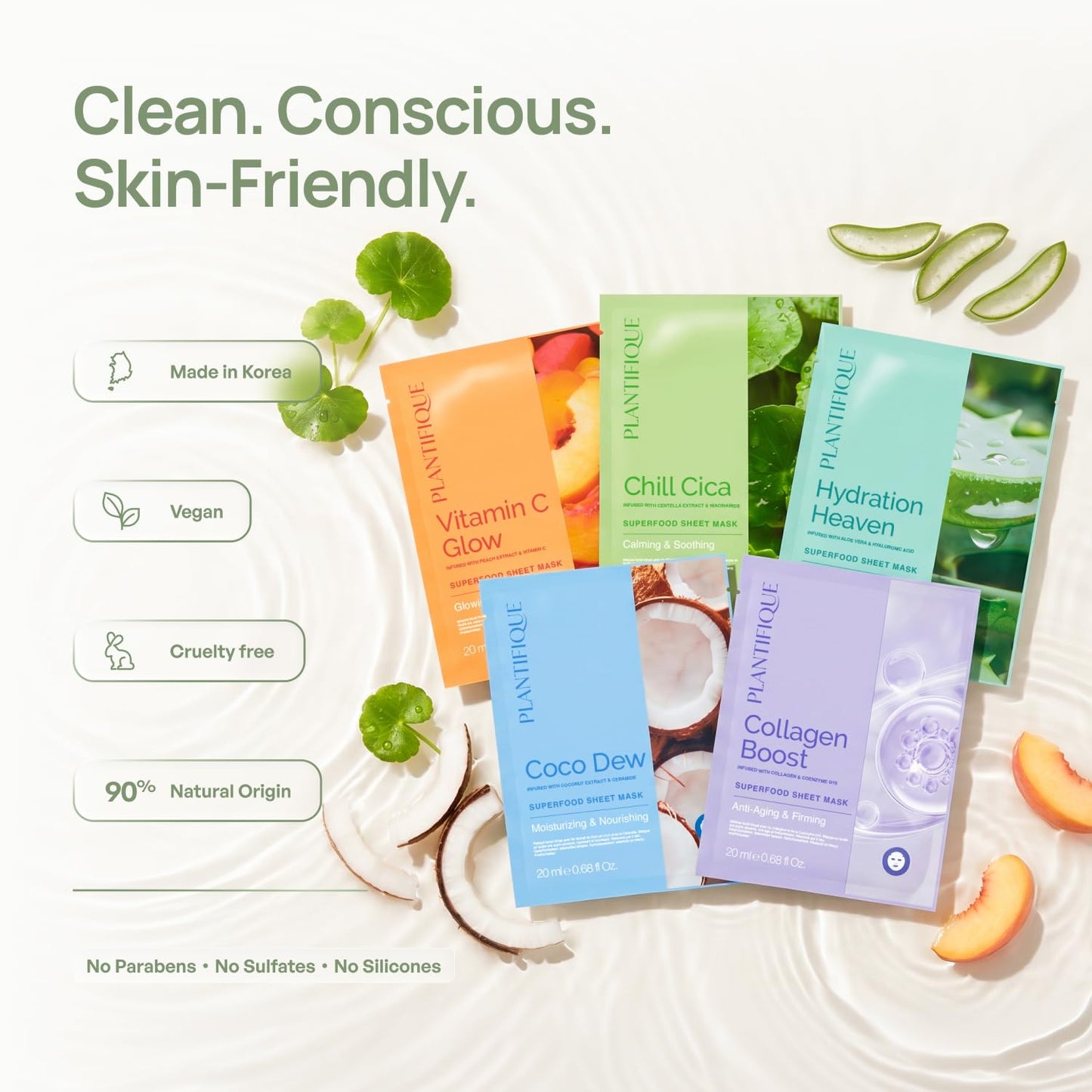 PLANTIFIQUE Korean Sheet Mask 5 Pack Variety Set - Hydrating Face Masks with Hyaluronic Acid - Soothing, Firming, Even Toning - Mascarillas Faciales