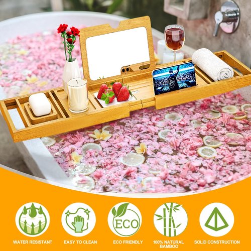 Premium Bathtub Tray Caddy with Makeup Mirror Bamboo - Bath Tray Expandable- Unique House Warming Gifts, New Home, Anniversary & Wedding Gifts for Couple, Bridal Shower Gift for Women