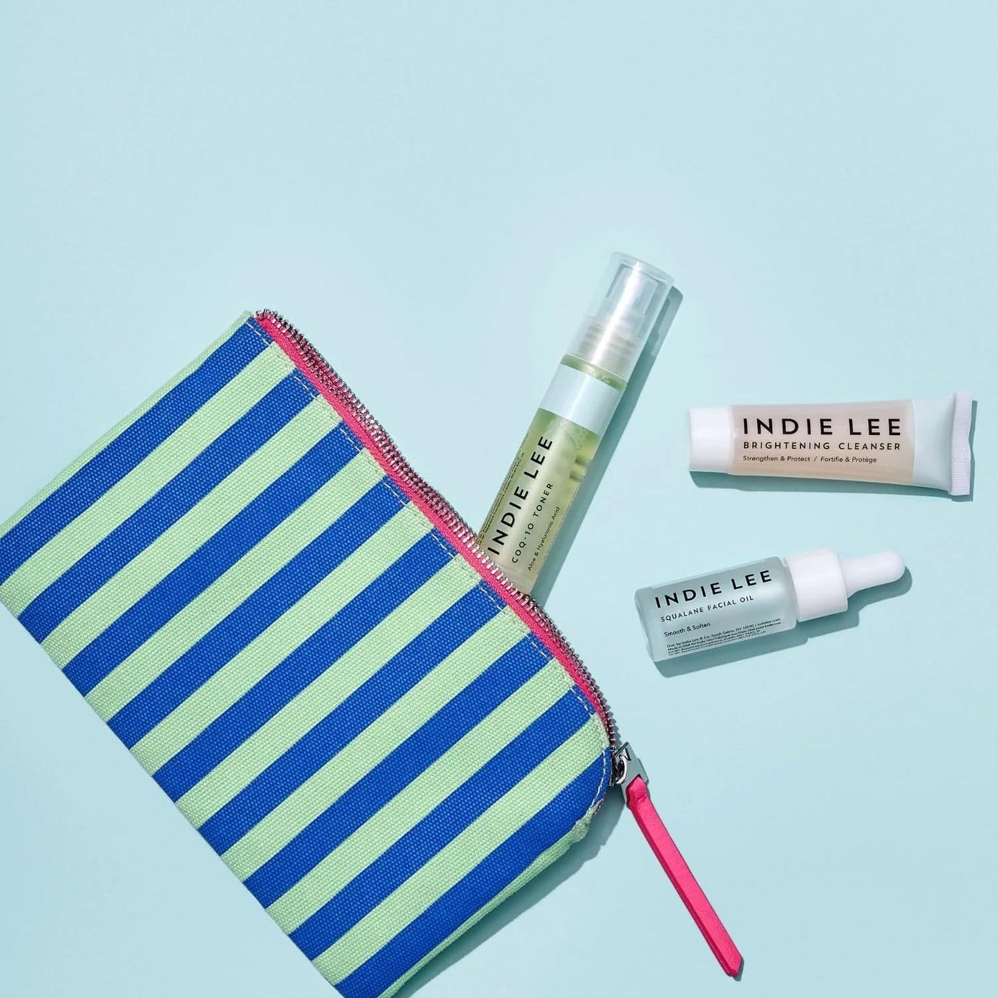 Indie Lee Discovery Gift Set - Travel Size Toiletries Skincare Set with Brightening Cleanser, CoQ-10 Toner + Squalane Facial Oil - Skin Care Kit for Adults (3-Piece Travel Size Set)