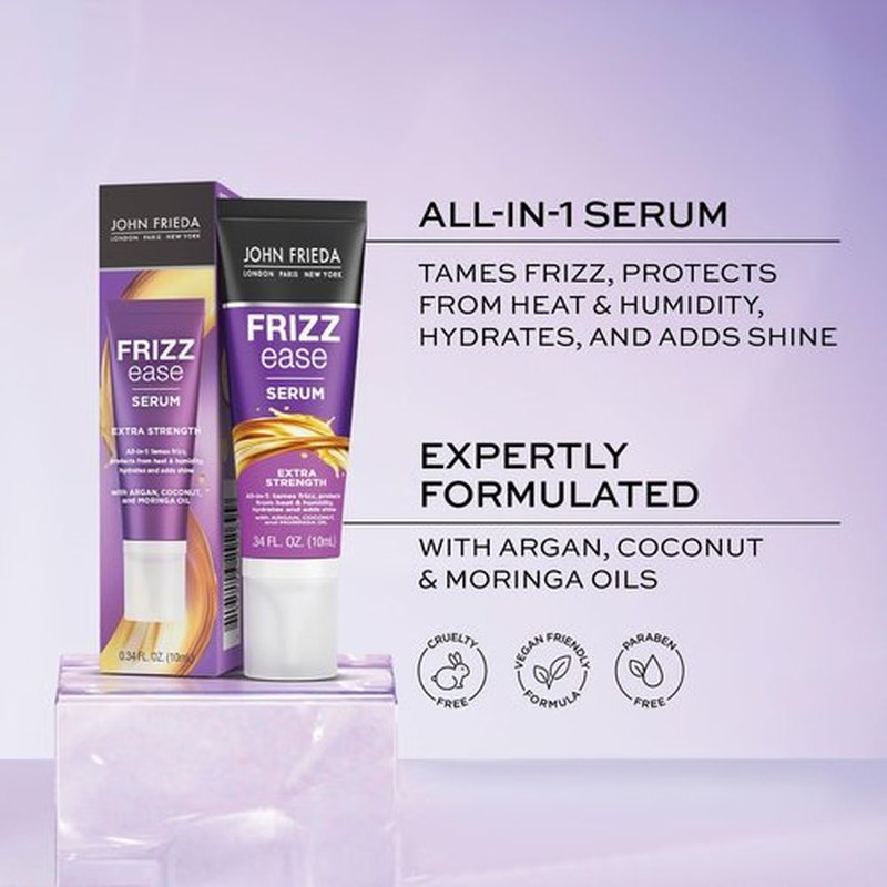 John Frieda Anti Frizz, Frizz Ease Extra Strength Hair Serum with Argan Oil, Anti-Humidity Spray for Hair, Nourishing Treatment for Thick, Coarse Hair, Travel Size, 0.34 Oz/Pack of 24
