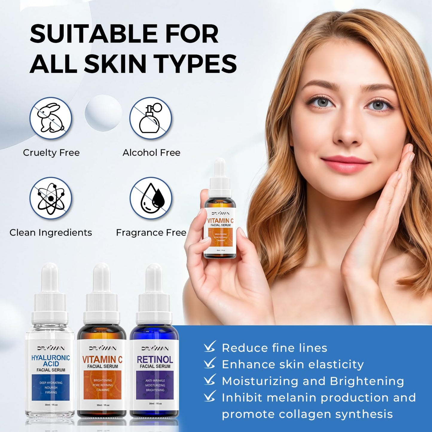 Anti-Aging Facial Serum Set - Vitamin C, Retinol & Hyaluronic Acid Serum Set for Skin Radiance and Moisture, 1 Fl Oz (Pack of 3)