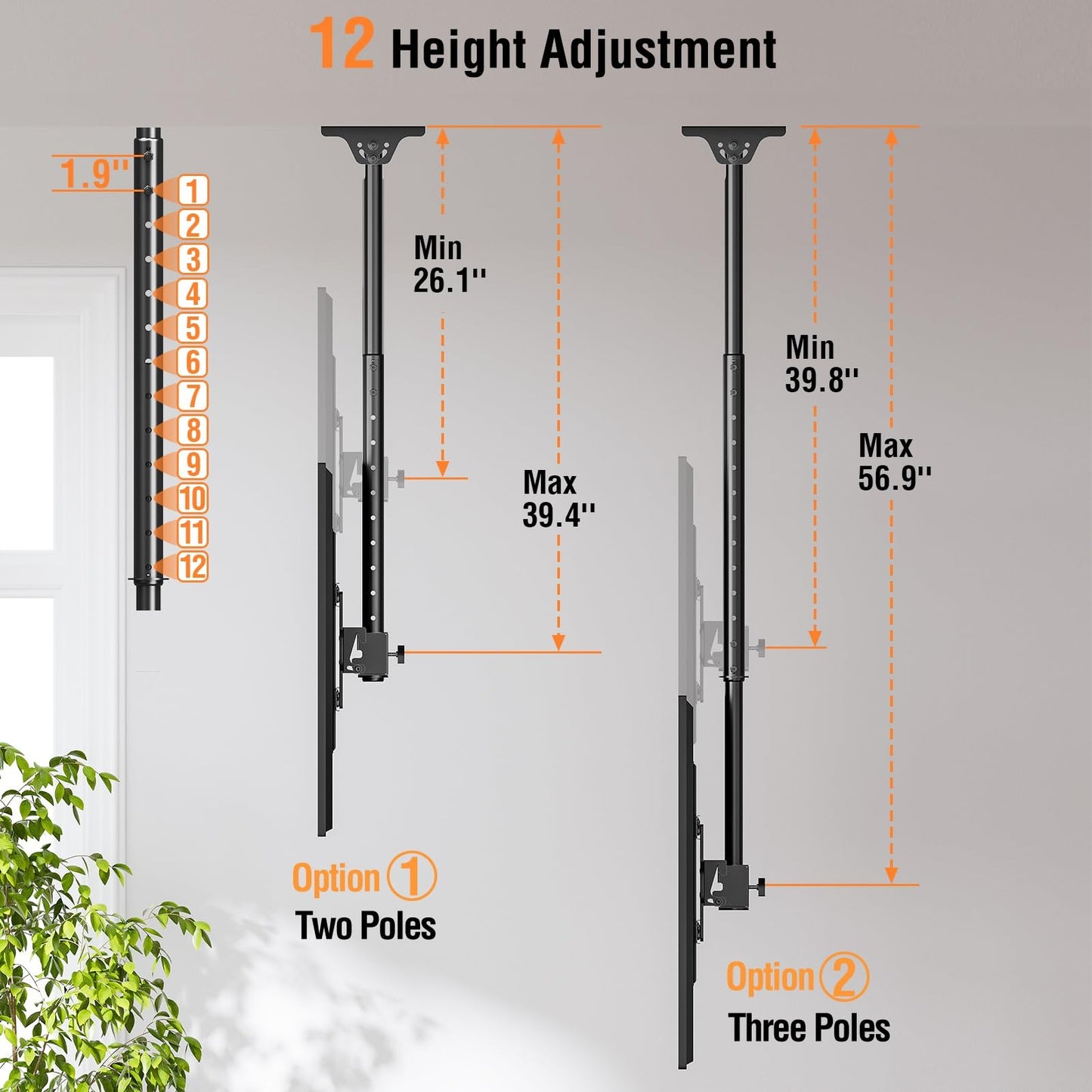 Ceiling TV Mount for 37"-75" TVs Height Adjustable, 360° Swivel Full Motion