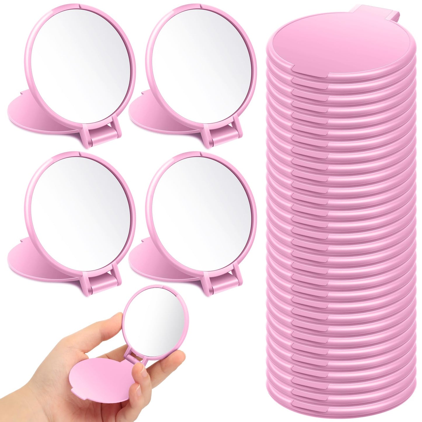 Saysurey 24 Pcs Mini Pink Compact Mirror Bulk for Women Small Round Portable Pink Mirror Makeup Folding Pocket Travel Accessories for Woman Bridal Shower Party Favor Coworker Nurse, 2.8 x 2.4 Inch