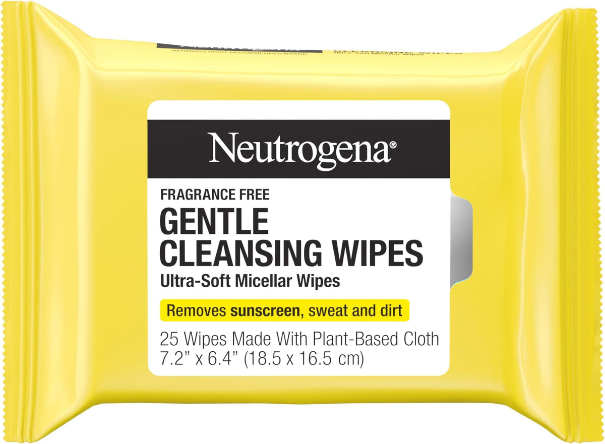 Neutrogena Gentle Facial Cleansing-Wipes, Ultra-Soft Micellar Wipes for Effortless Cleansing Made Gentle, Fragrance Free Face-Wipe for Sensitive Skin, Hypoallergenic, 25 ct (Pack of 6)