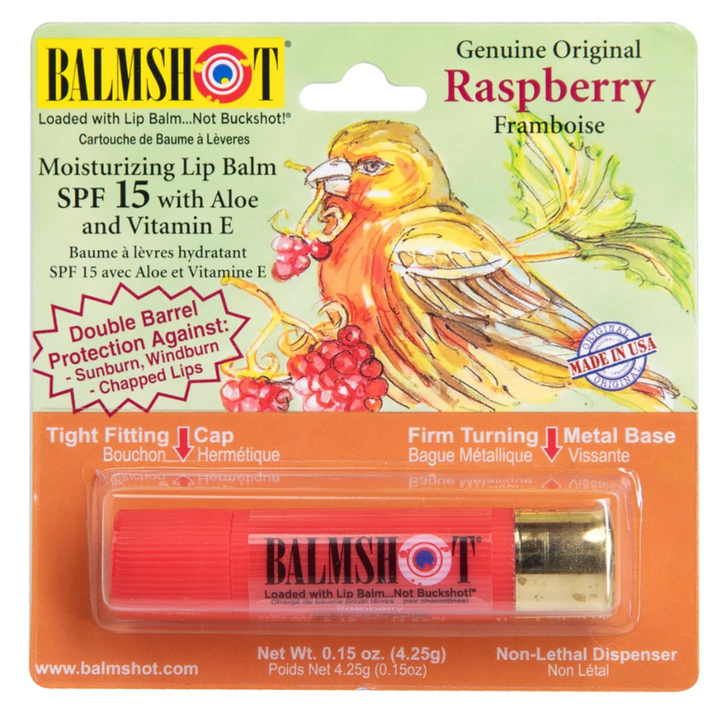 BALMSHOT Raspberry Lip Balm SPF 15 – Beeswax Chapstick for Dry Chapped Lips, 20-Gauge Brass Shotgun Shell Tube, Heat Resistant, Long Lasting Lip Moisturizer for Men & Women, Made in USA