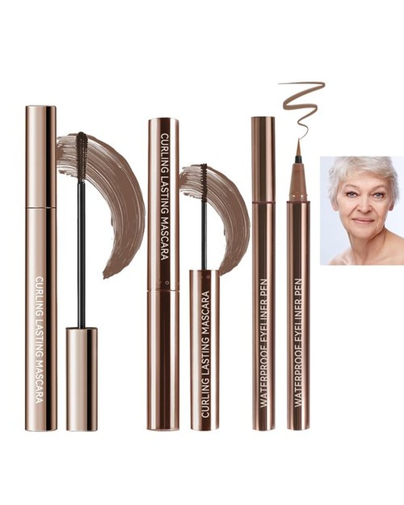 Brown Mascara & Eyeliner Pen Kit-2Pcs Longlasting Waterproof Brown Tubing Mascara 1Pcs Smudge-Proof Eye Liner Pencil,Volume and Length Curling Mascara Liquid Eyeliner Eye Makeup for Older Women-Set 02