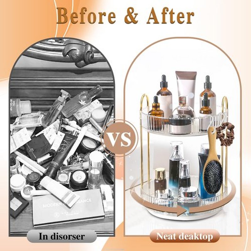 Rotating Makeup Organizer for Vanity,Lazy Susan Organizer Rotating Skincare Make Up Storage Cosmetic Dresser Organizer Countertop Organizer with Extra Hooks DIY Stickers for Bathroom