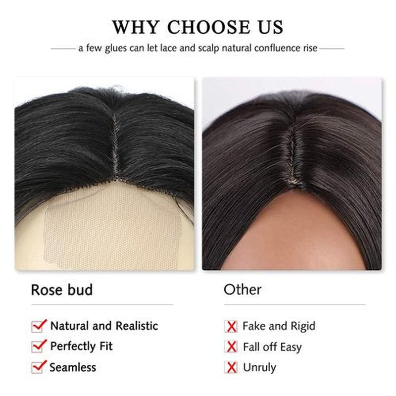 Rose bud Wavy Bob Wig Natural Wig Dark Brown mix Bleach Blonde Synthetic Hair Shoulder Length Short Curly Middle Part Lace Front Wigs for Women