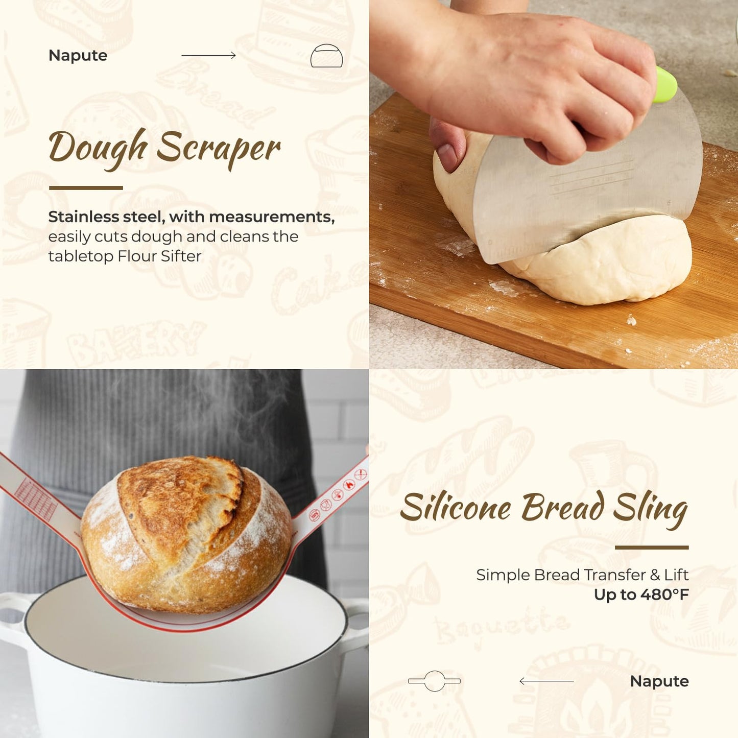 Napute Sourdough Starter Kit, 9PCS Sourdough Breads Baking Supplies, Silicone Banneton Bread Proofing Basket Set with 9" Round & 10" Val, Bread Sling, Whisk, Bread Lame, Sour Dough Baking Tools