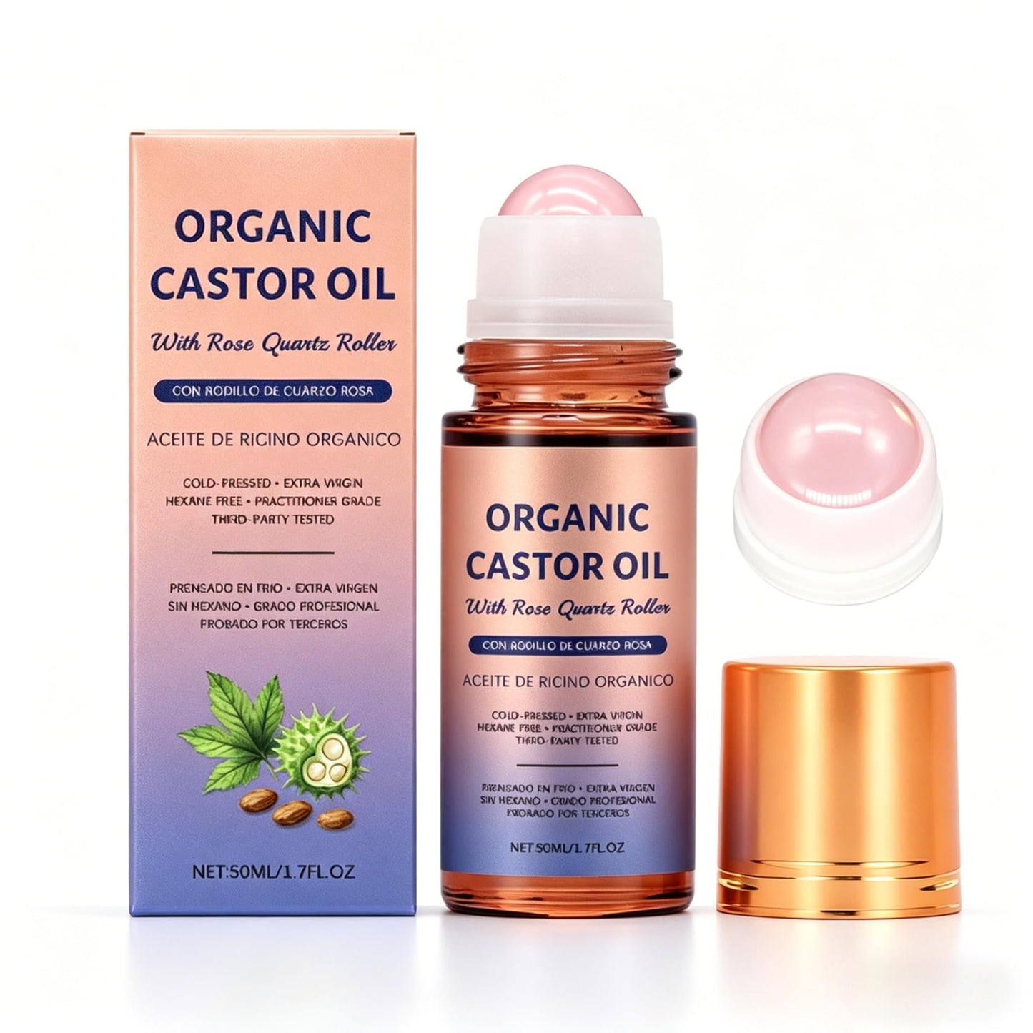 RAINPOT Organic Castor Oil Roll On with Rose Quartz Roller – 100% Cold Pressed Moisturizing Oil for Brows, Lashes, Face, Hairline & Dry Skin – Travel Friendly Leakproof Roller Bottle (1)