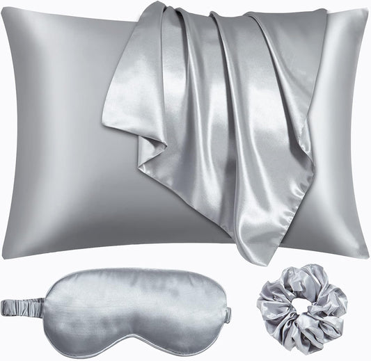 Satin Pillowcase Set for Hair & Skin | Vegan Silk Luxury Sleep Set - 2 Pillowcases, Eye Mask & Scrunchie in Silver Gray