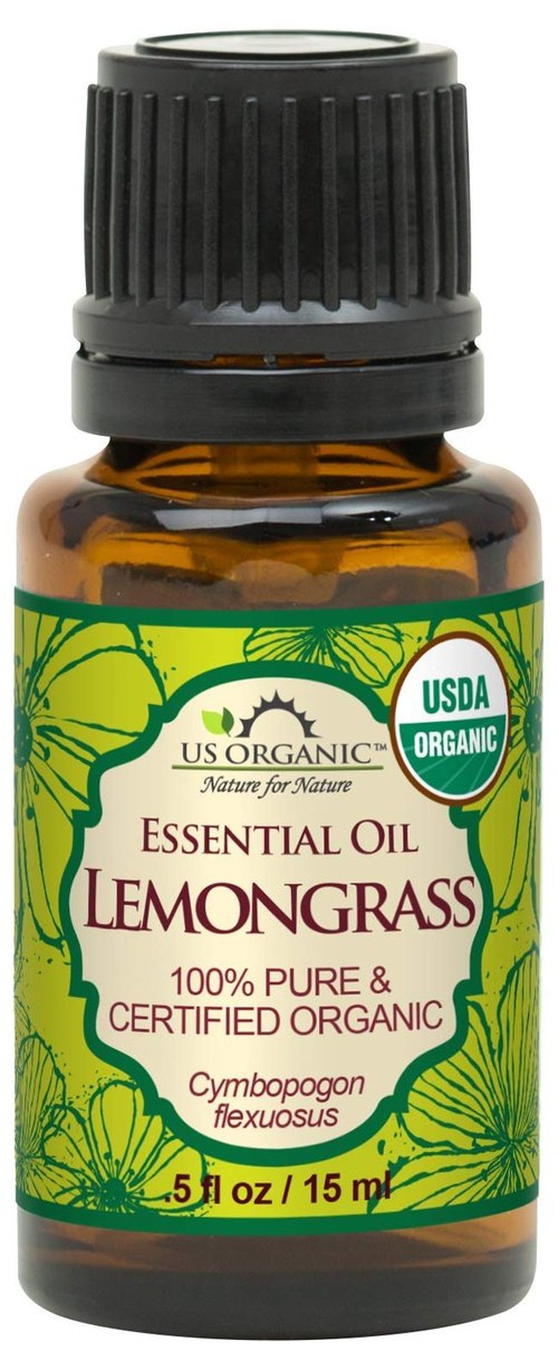 US Organic 100% Pure Lemongrass Essential Oil, USDA Certified Organic, Extracted by Steam Distillation Method, for Hair, Nail Polish Remover, Bees Attraction, and More. 15 ml