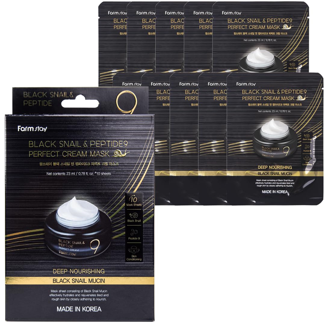 Farmstay Black Snail & Peptide 9 Cream Mask, Korean Snail Mucin Mask Pack for Elastic & Glow Skin, Hydrating & Anti-aging Face Mask Pack, Korean Skincare, for Women & Men, 10 Sheets (0.77 fl. oz Each)
