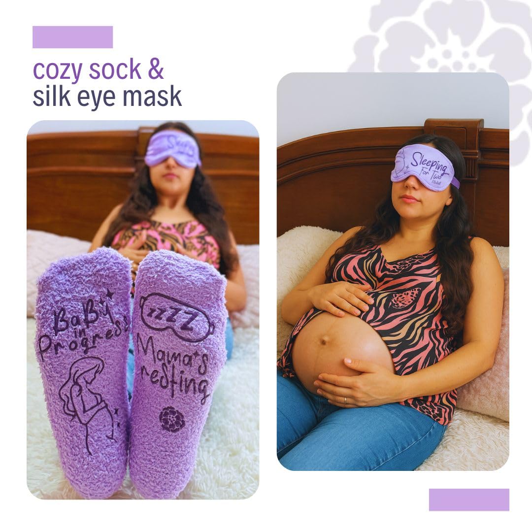Eli & Val Mommy to Be Pregnancy Care Package – Soft Cotton Blend Maternity Sleep Mask with Elastic Closure and Fuzzy Socks Set, Purple
