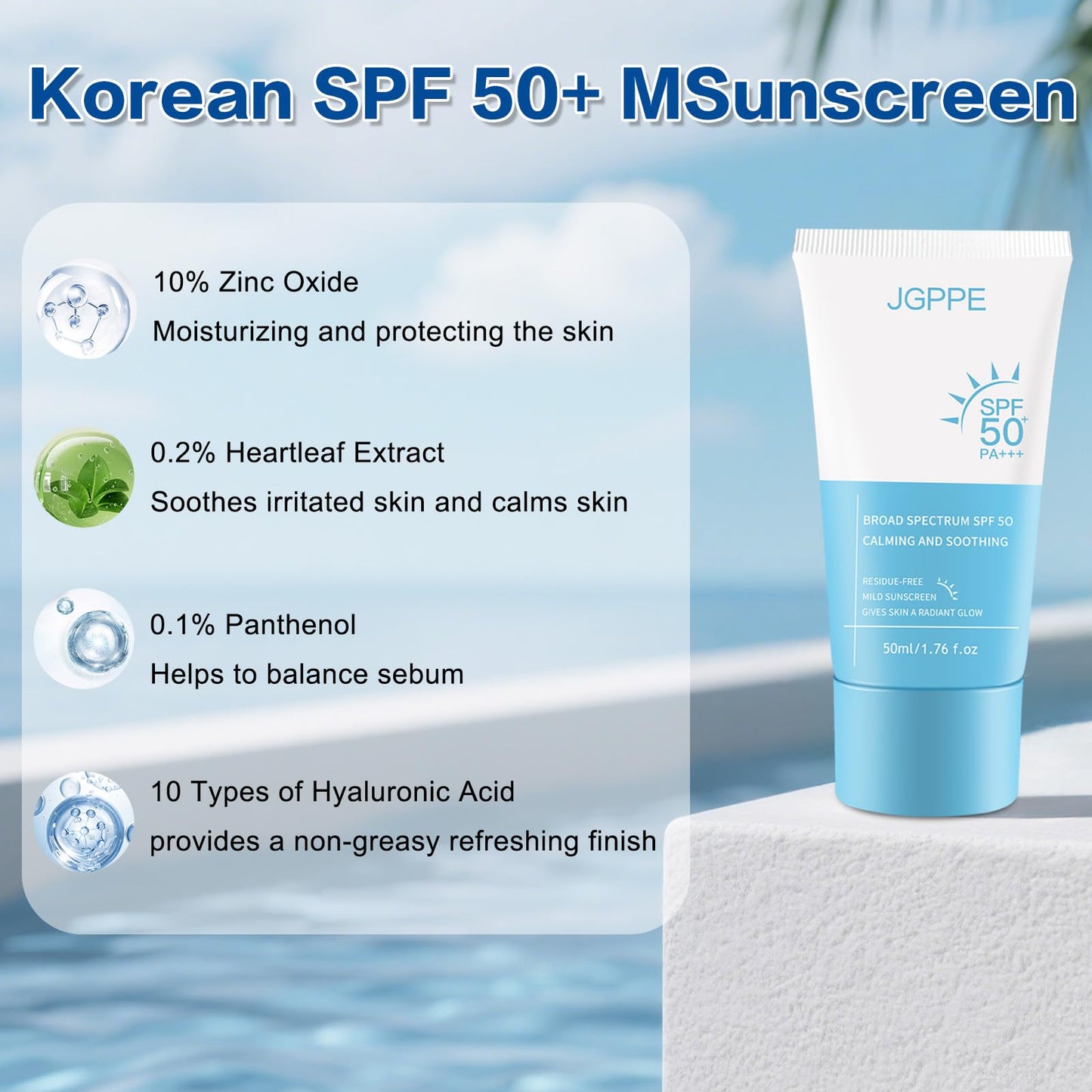 2PC Heartleaf Korean Face Sunscreen SPF 50+, Silky Moisture Sun Essence, Broad Spectrum UVA/UVB Protection, Lightweight & Non-Greasy, No White Cast, 50ml / 1.76 fl. oz.