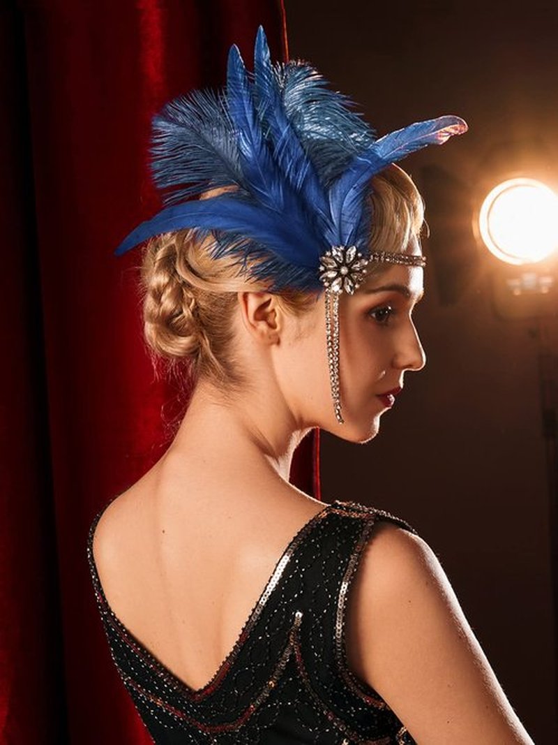SWEETV 1920s Headpiece Flapper Headband, Rhinestone Pearl Feather Hair Band Great Gatsby Headpiece Accessoreis for Women,Dark Blue