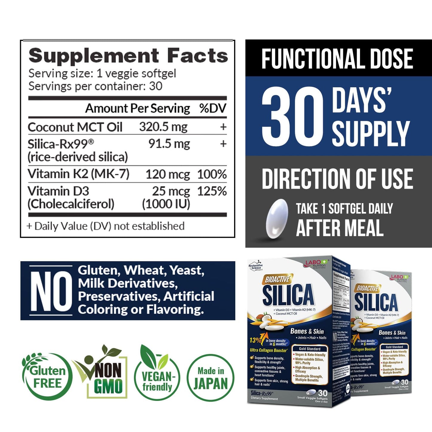 LABO Nutrition Bioactive Silica — 99% Purity Rice-Derived Silica-Rx99 for Bone Health, Joint Flexibility & Collagen Support — with Plant Vitamin D3, K2 MK-7 & MCT Oil, 30 Vegan Softgels