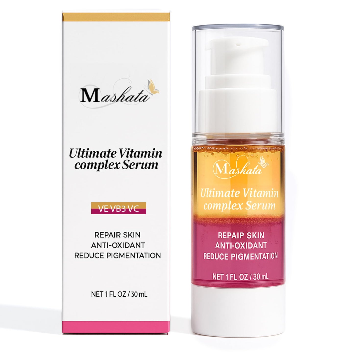 Mashata Ultimate Vitamin C Face Serum, 1 Fl Oz - 20% Vitamin C + Niacinamide + Vitamin E - Brightening Anti-Wrinkle Firming Serum for Face, Acne Marks and Hyperpigmentation