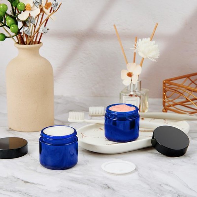 2oz Jars with Lids, Hoa Kinh 24 Pack Blue Glass Jars with Lids Empty Cosmetic Containers Round Airtight Glass Jar with Inner Liners and black Lids for Storing Lotions, Powders, and Ointments