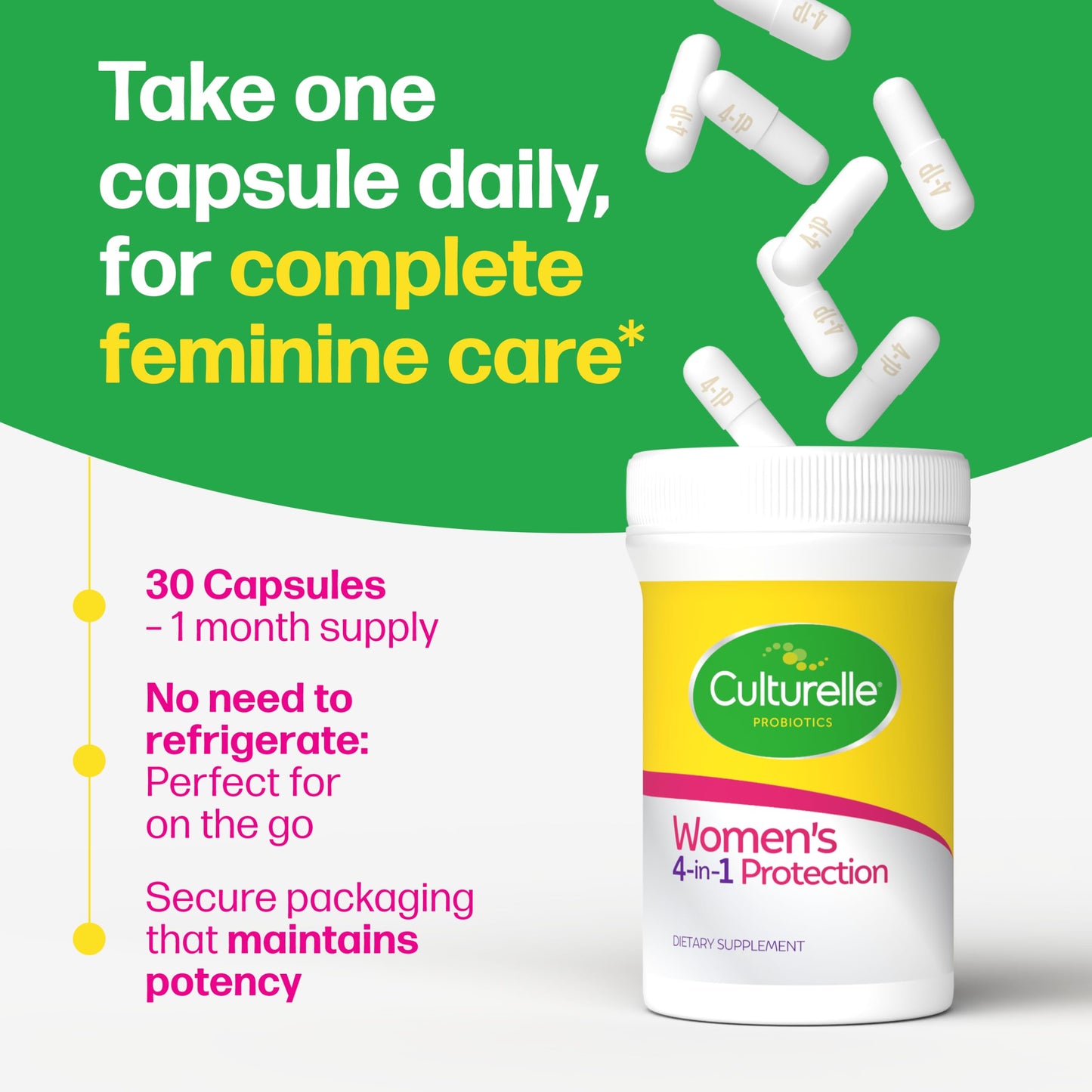 Culturelle Probiotics for Women with Prebiotics - 4-in-1 for Vaginal, Digestive, Urinary & Immune Health - pH Balance, Bloating & Gas Relief - Daily Vegetarian Capsules, Non-GMO - 30 Count
