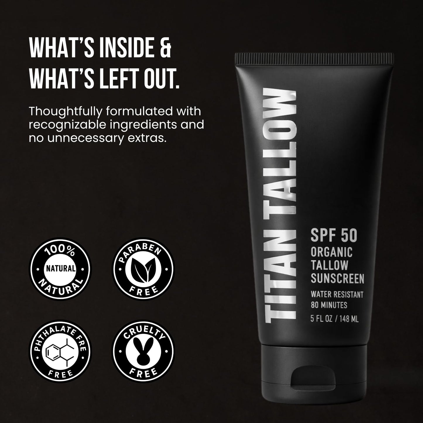 Titan Tallow SPF 50 Mineral Sunscreen – Organic Grass-Fed Beef Tallow with Non-Nano Zinc Oxide – Broad Spectrum UVA/UVB, Reef Safe, for Face and Body – 5 Oz