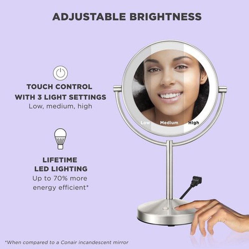 Conair Lighted Makeup Mirror, LED Vanity Mirror, 1X/10x Magnifying Mirror, Corded in Satin Nickel Finish