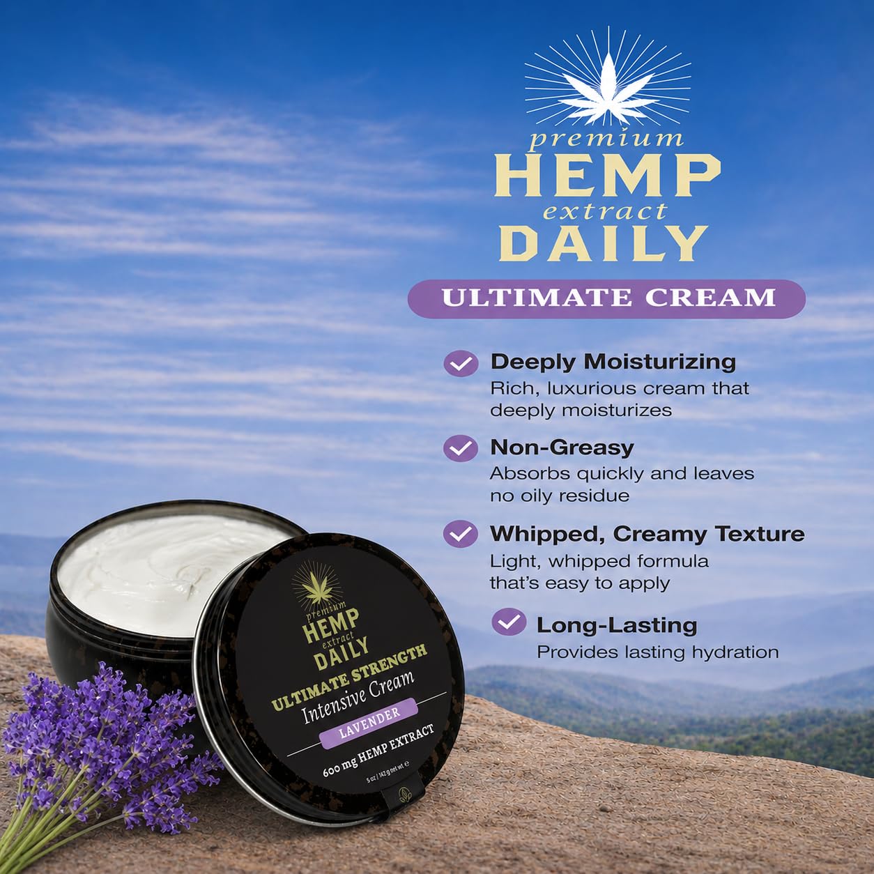 Earthly Body Premium Hemp Extract Daily Ultimate Cream - Menthol, Argan, Jojoba, Rosehips - Lightweight, Fast-Absorbing Moisturizing Topical Lotion with Essential Oils - Lavender, Single 5oz