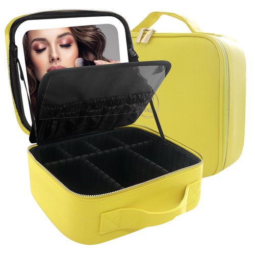 MOMIRA Makeup Bag with Mirror and Light Travel Makeup Train Case Cosmetic Bag Organizer Portable Artist Storage Bag with Adjustable Dividers Makeup Brushes Storage Organizer Yellow