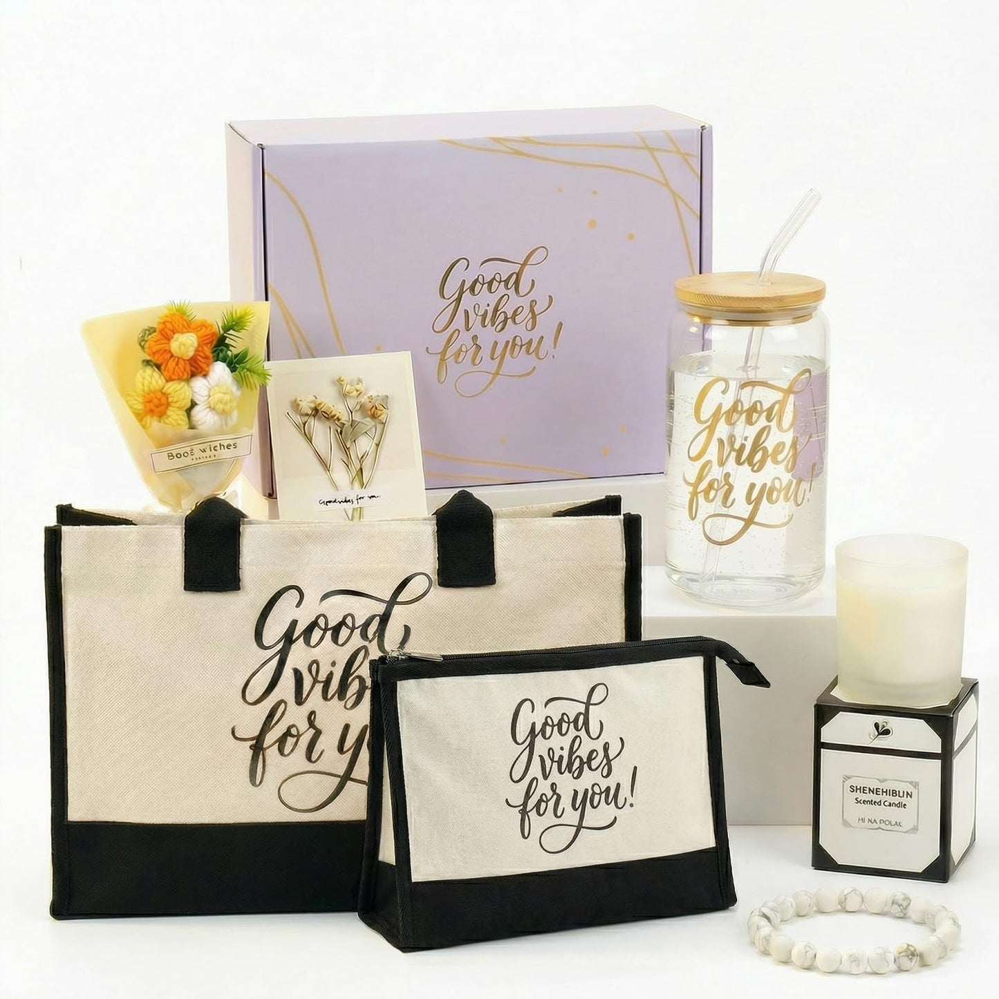 Birthday Gifts for Women 8PCS, Self Care Spa Gift Basket for Mom Wife Sister Friend, Relaxation Gift Box with Canvas Tote Bag Pouch Glass Cup Candle Bracelet Sunflower Bouquet Card