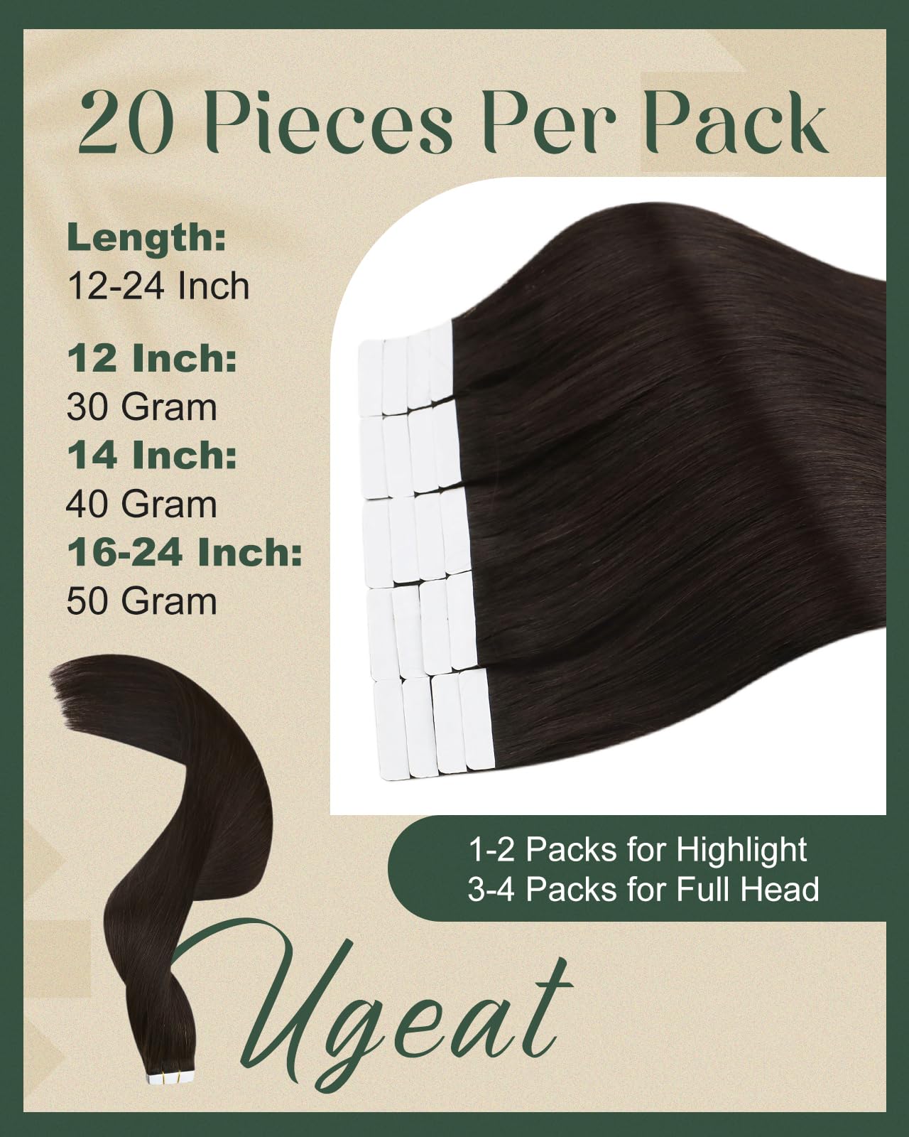 Ugeat Hair Extensions Real Human Hair Tape in Brown Remy Hair Dark Brown Tape on Real Hair Extensions Seamless Tape ins Brunette Human Hair Extensions Skin Weft for Women 14In 20pcs 40G