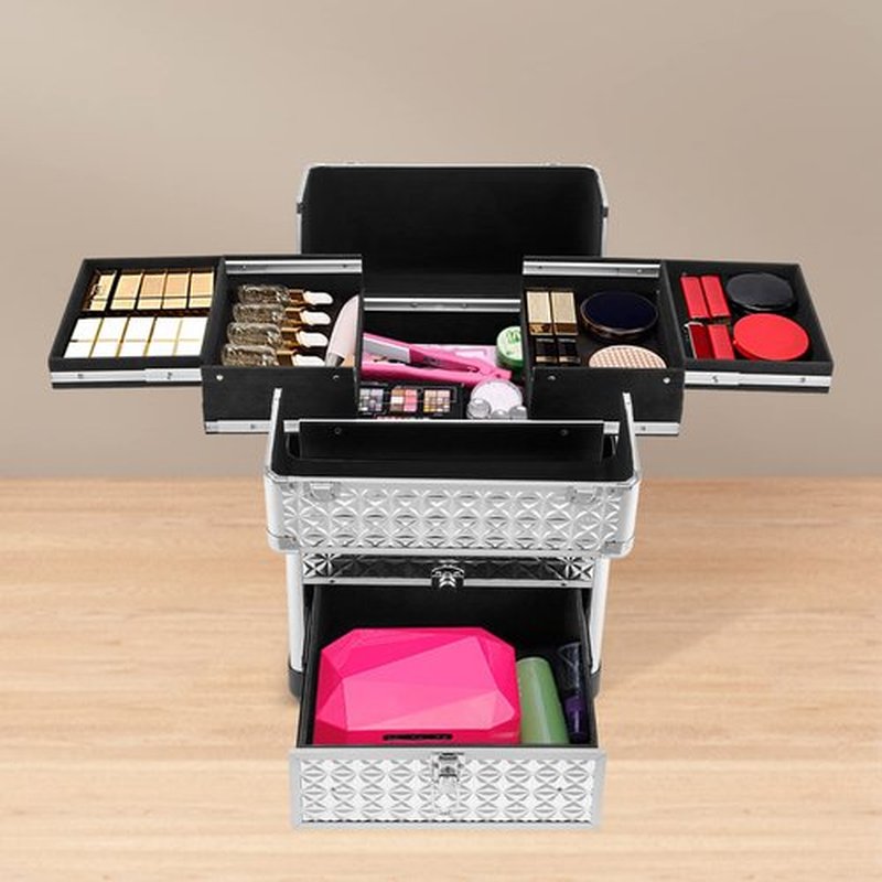 YIYIBYUS Manicure Storage Case, Makeup Trolley Rolling w/Wheels, Rolling Nail Case, Polish Organizer Makeup Train Case Durable Large Capacity Organizer w/lock for Studio or Travelling (Silver)