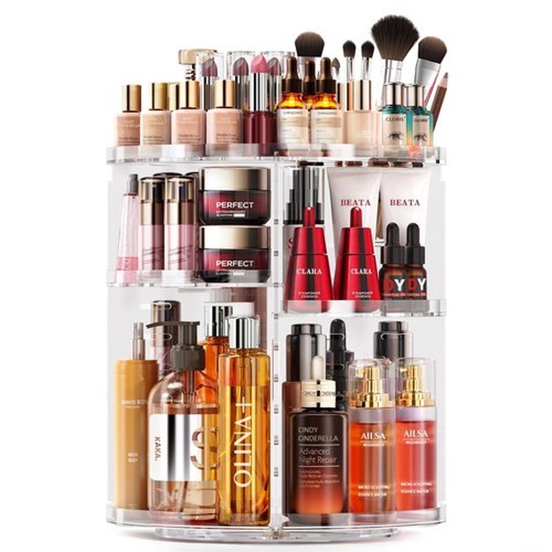 Auxmir Rotating Makeup Organizer, DIY 6 Adjustable Layers Spinning Skincare Organizer, Cosmetic Organizer with Brush Holder Perfume Tray, Multi-Function Storage Carousel for Vanity Bathroom Countertop