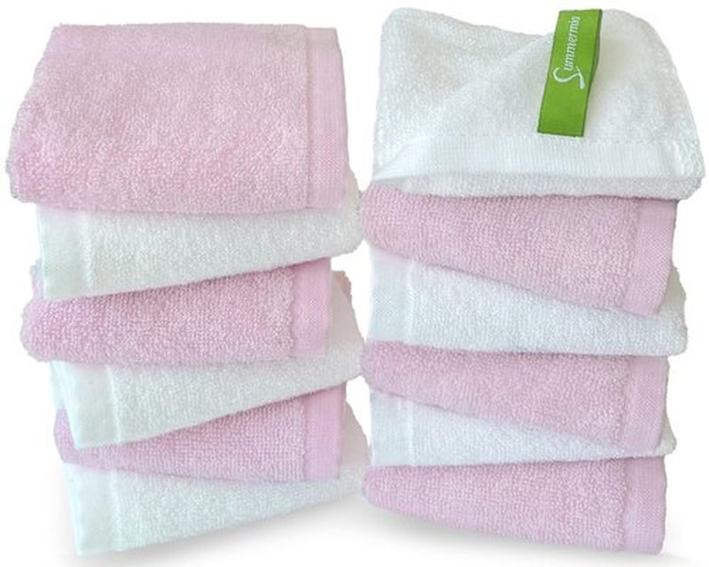 SUMMERMIA Washcloths 12 Pack 13" x 13" - Soft Wash Cloths for Your Face Towel, Wash Cloths for Your Body (White+Pink)