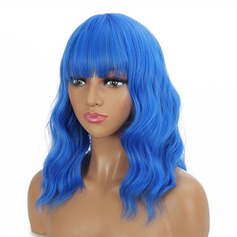 QACCF Short Wavy Shoulder Length Women Full Bang Heat Resistant Wig (Dark Blue)
