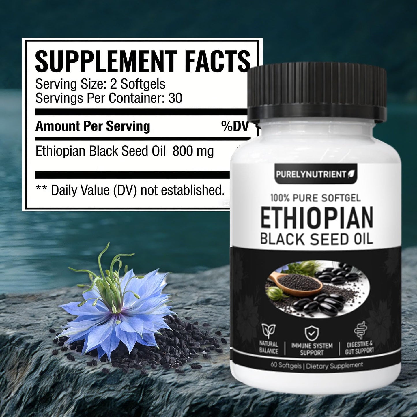 TUVAAZ PURELYNUTRIENT Ethiopian Black Seed Oil Capsules with 4.64% Thymoquinone, Immune Support & Digestion & Energy Booster, Non-GMO, Gluten-Free, 60 Count Softgels