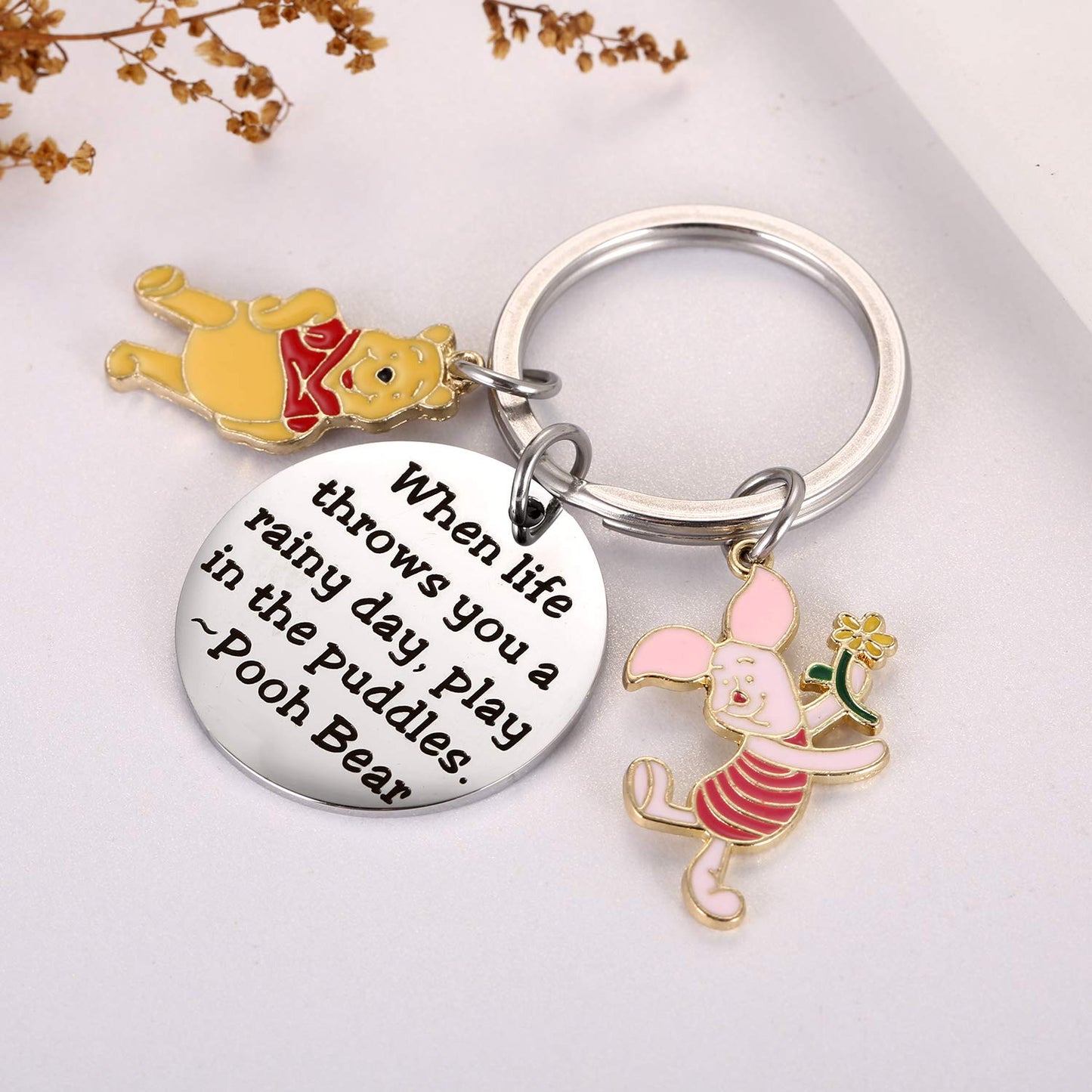 Ralukiia Pooh Bear Piglet Keychain Decor Party Suppiles - When Life Throws You a Rainy Day, Play in The Puddles Inspirational Gifts