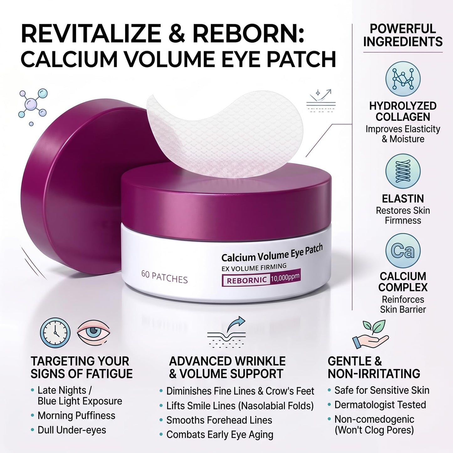 Calcium Volume Eye Patch with Rebornic 10,000ppm & Hydrolyzed Elastin – 60 Patches for Puffiness Relief, Fine Lines, Firming & Lifting, Hydrating Eye Patches for Face and Neck Care