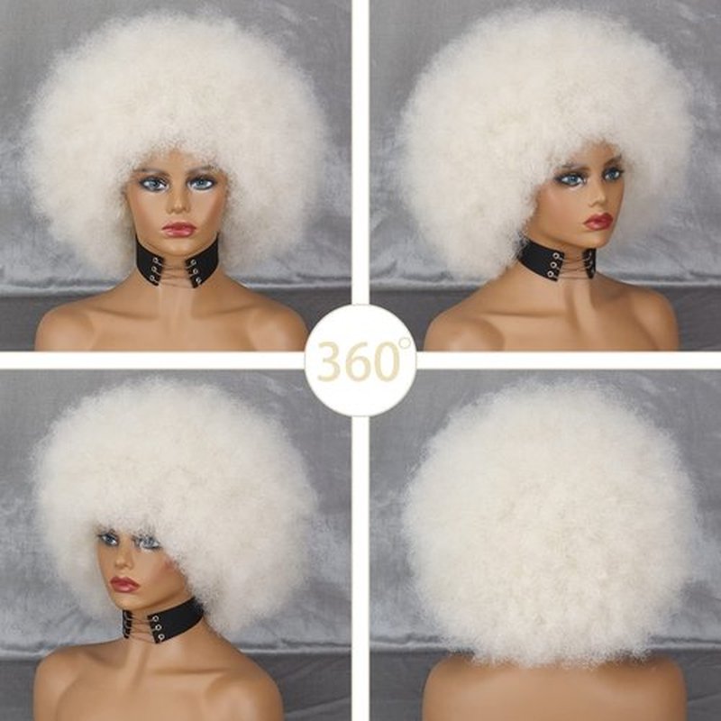 Xinran Short White Afro Wig for Black Women, Disco 70s Afro Wig for Women, Big 60s Puff Wig Bouncy Soft For Party Halloween and Party