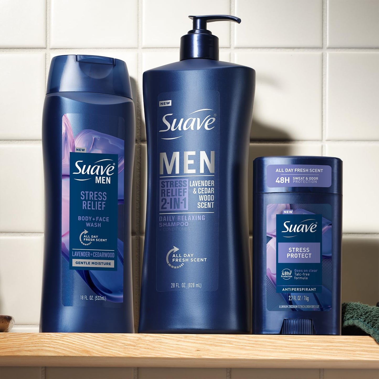 Suave Men’s 2-in-1 Shampoo and Conditioner, Stress Relief + Antiperspirant Deodorant for Men, Stress Protect, Lavender & Cedarwood, 48H Sweat & Odor Protection, 2.7 Oz Ea (2 Piece Set)