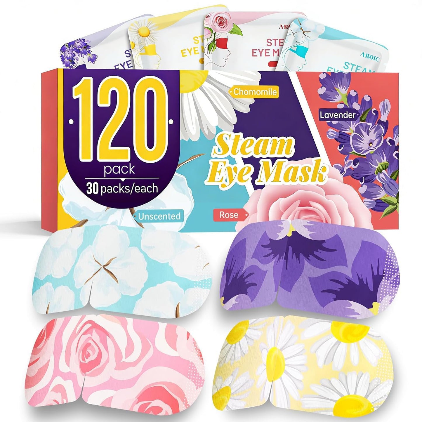 AROIC 120 Pack Steam Eye Masks Disposable, Heated Sleep Eye Mask for Women Warm Compress for Eyes, Relaxation Mothers Day Gifts, Travel Essentials - Lavender, Unscented, Chamomile, Rose