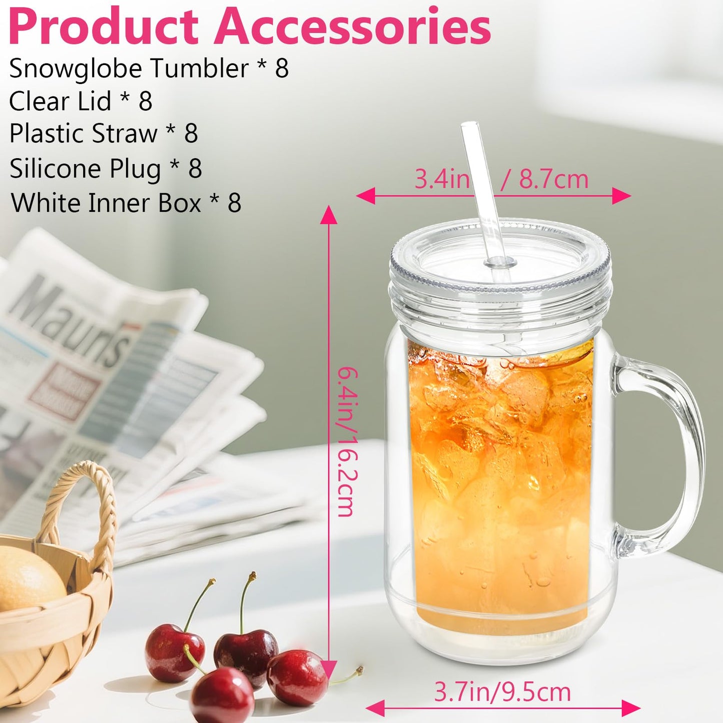 Micellwuu 20 Oz 8 Pack Acrylic Snowglobe Tumbler With Handle, Snow Globe Cups with Pre Drilled Hole, Double Wall Plastic Mason Jars with Handle for Snow Globe Glitter DIY (Clear)